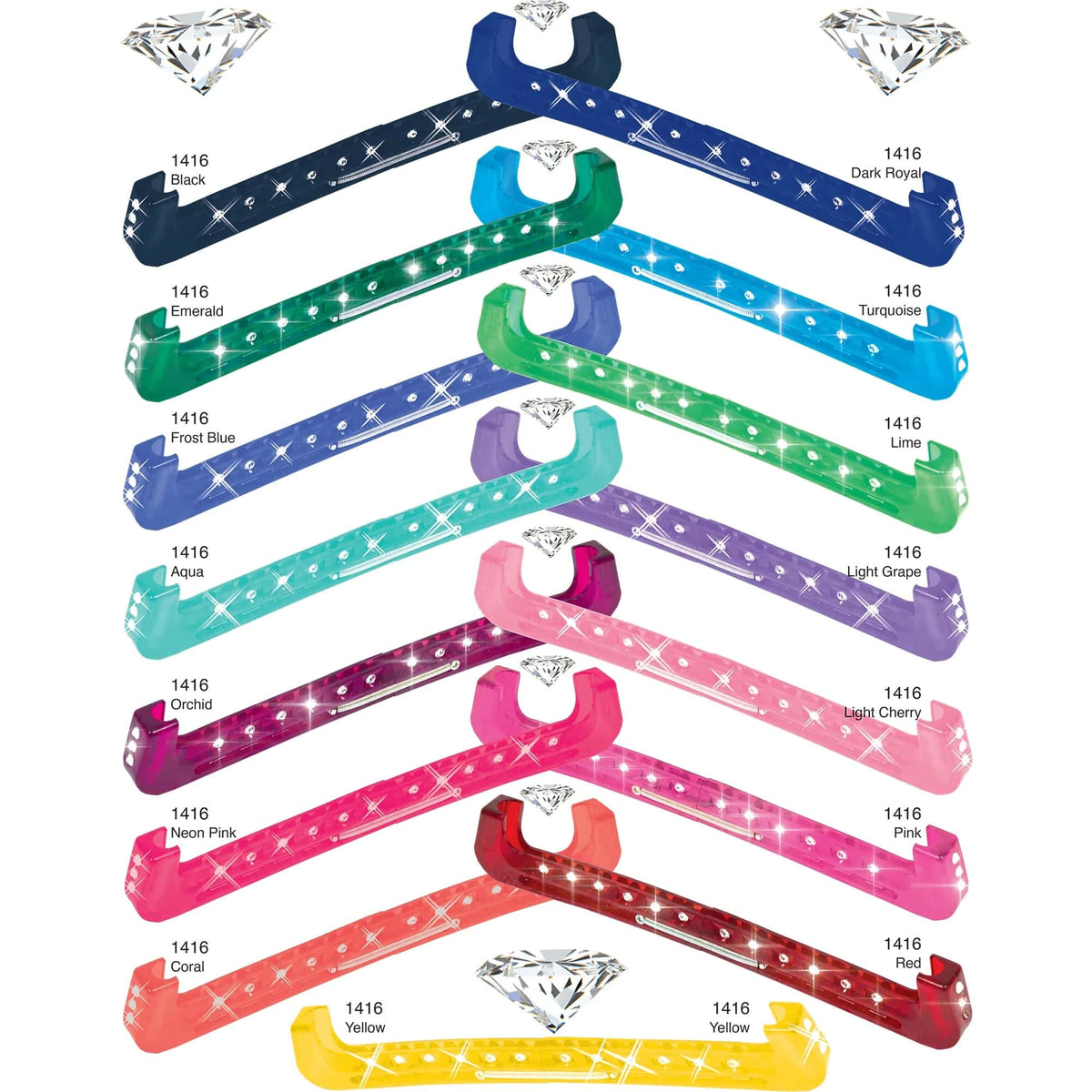 Colorful figure skate guards with rhinestone designs on a white background
