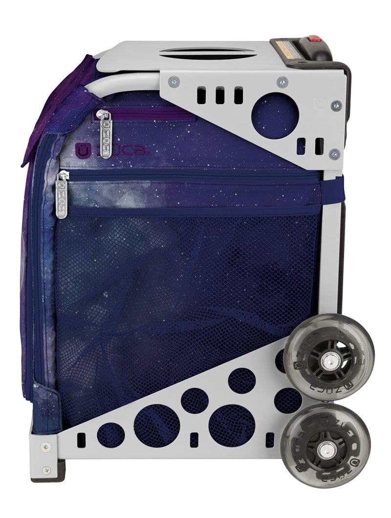Profile Zuca Sport skating bag Insert Bag for the Zuca frame with wheels is named Fairy Dust has a deep purple and navy cosmic background. This insert is paired with a white frame which is sold separately.