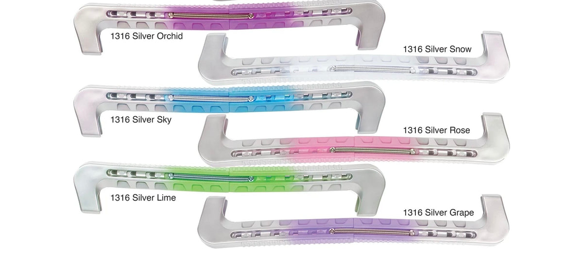 Four silver-colored figure skating spring adjustable guards shown on a white background, each with a different colored translucent inner section labeled 1316 Silver Orchid, 1316 Silver Snow, 1316 Silver Sky, and 1316 Silver Rose.