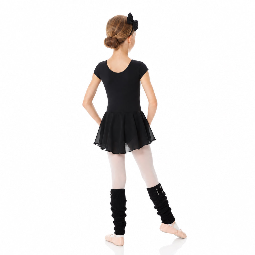 Back view of black short sleeve dress. Mondor 26140 Essentials Dance Dress Leotard black - Child By Mondor Canada.