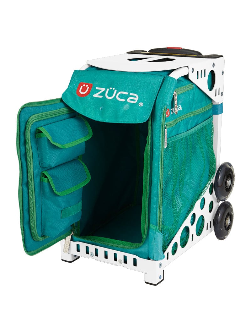 Open view of the Froggy ZUCA Skating Bag - Sport Insert with Lunchbox - Froggy Friend. White Frame Sold Separately By ZUCA Canada -