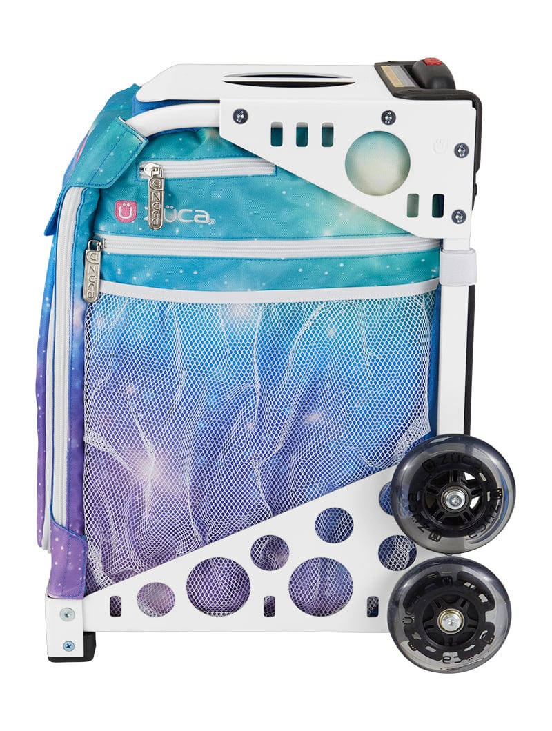 Profile of white ZUCA frame with Sport Insert Shine Bright purple and blue print - White Frame Sold Separately By ZUCA Canada -