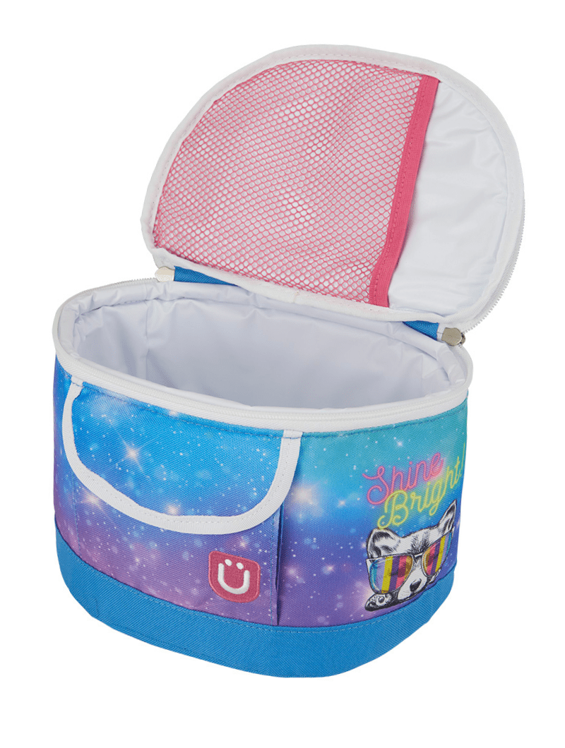 Zuca logo on a Lunchbox - Shine Bright and a puppy dog with groovy glasses.