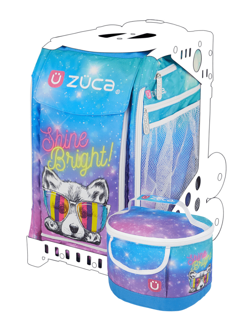 ZUCA Skating Bag - Sport Insert with Lunchbox - Shine Bright print with puppy wearing funky colourful glasses and the words Shine Bright in script on front of bag.