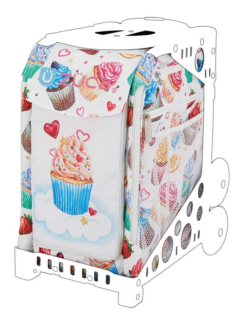White ZUCA Skating Bag with a pink and blue cupcake sitting on a cloud. Cupcakes adorn the entire bag.