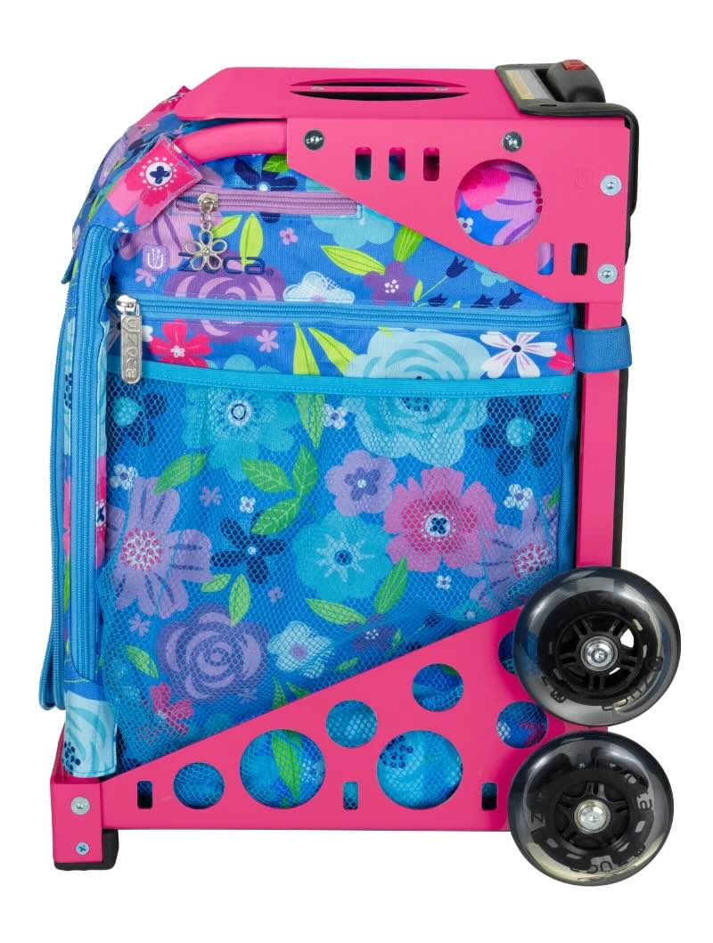 Profile of pink zuca frame with a blue floral skating bag insert. Frame sold separately.