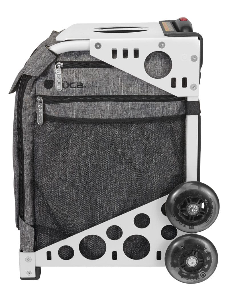 Profile of Heather gray rolling skating bag suitcase with white metal frame. White frame sold separately. anada -