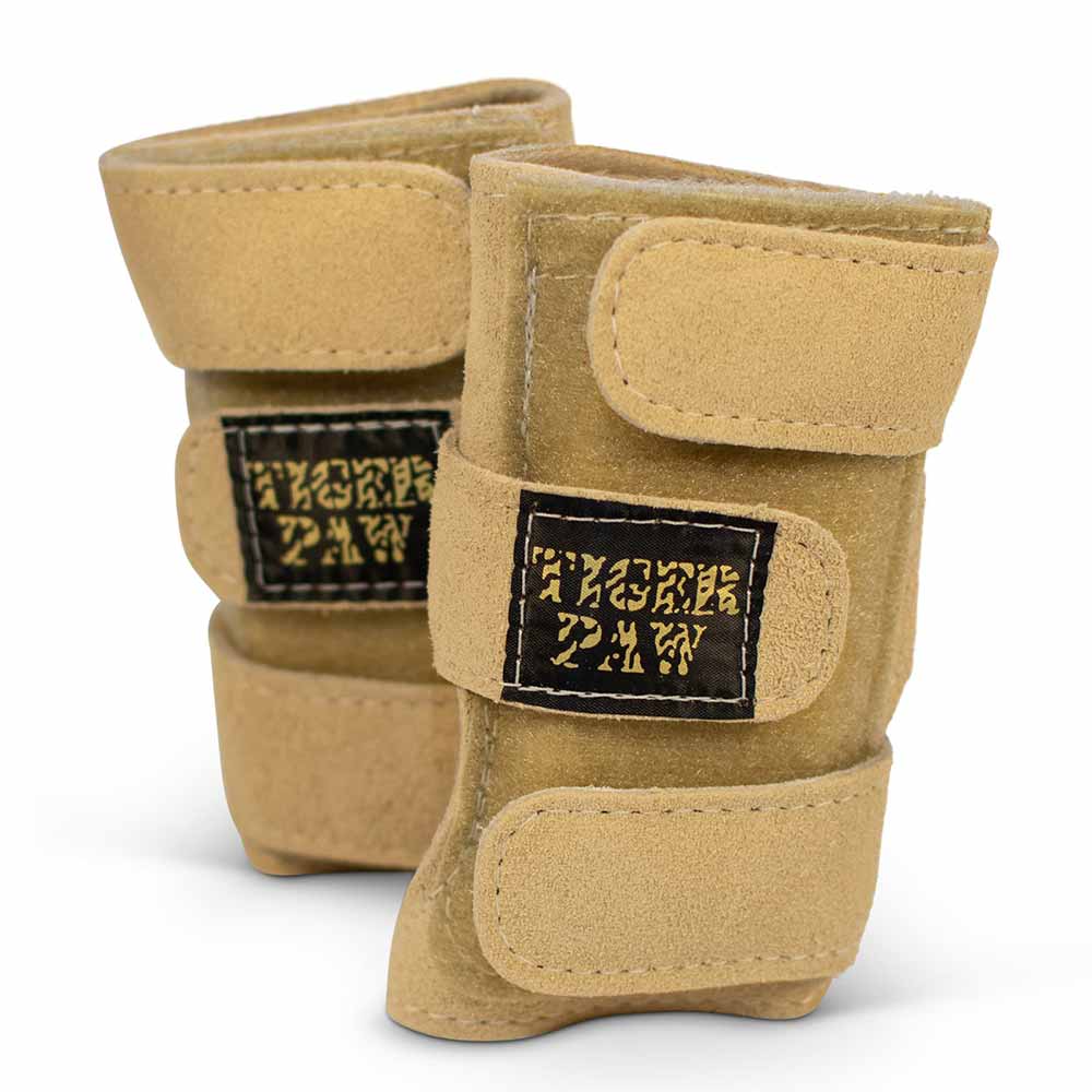 Pair of brown suede Tiger Paw Wrist Supports for Gymnasts By Tiger Paws Canada -