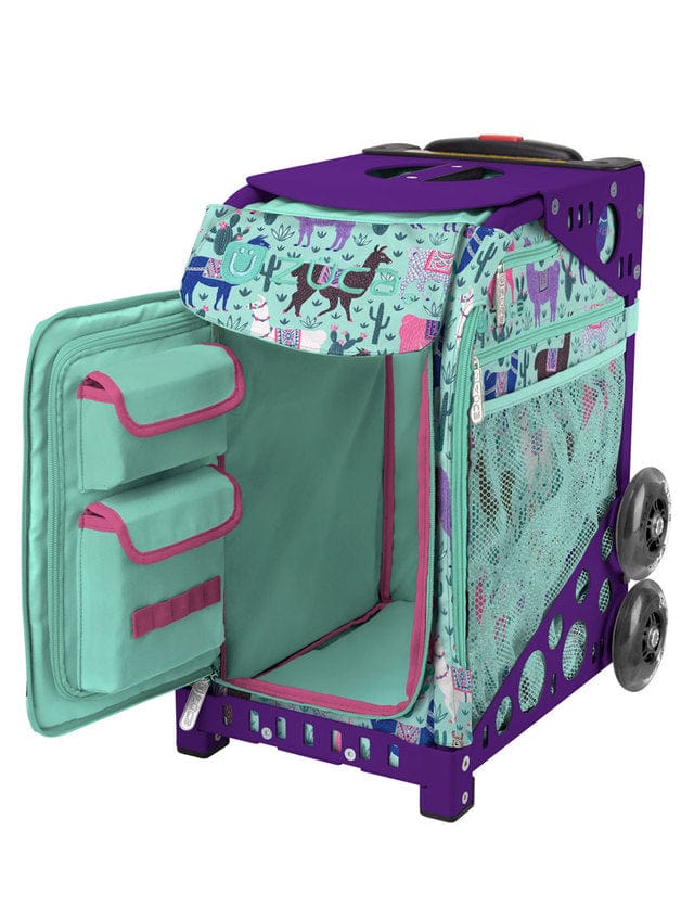 Purple rolling skating bag suitcase with mint background and royal, pink and brown llamas. Door of insert is open revealing a minty green interior and 2 pockets on the door. Purple frame sold separately.