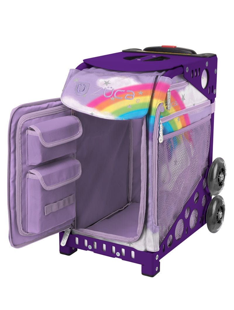 Purple rolling skating bag with rainbow and open front door with lilac interior. Purple frame sold separately.