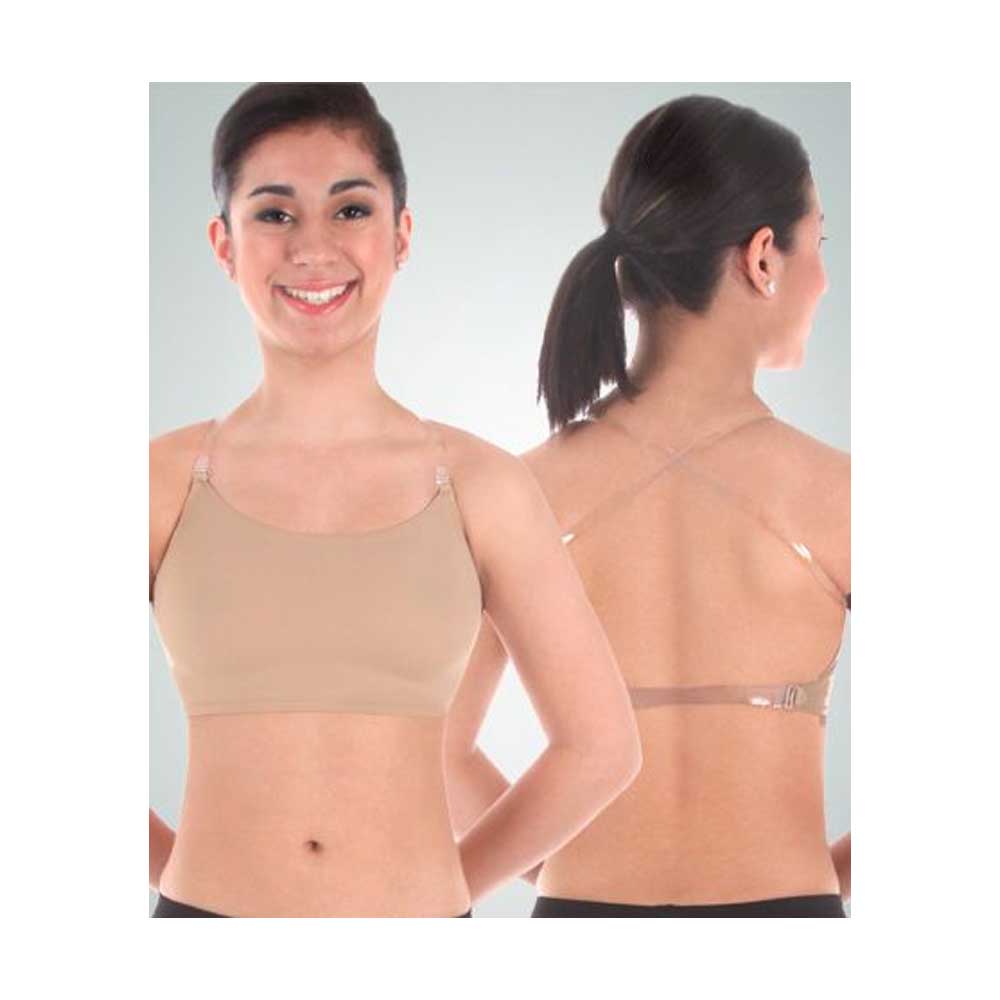 Young woman wearing a full coverage nude beige crop top bra with clear shoulder straps and back strap.