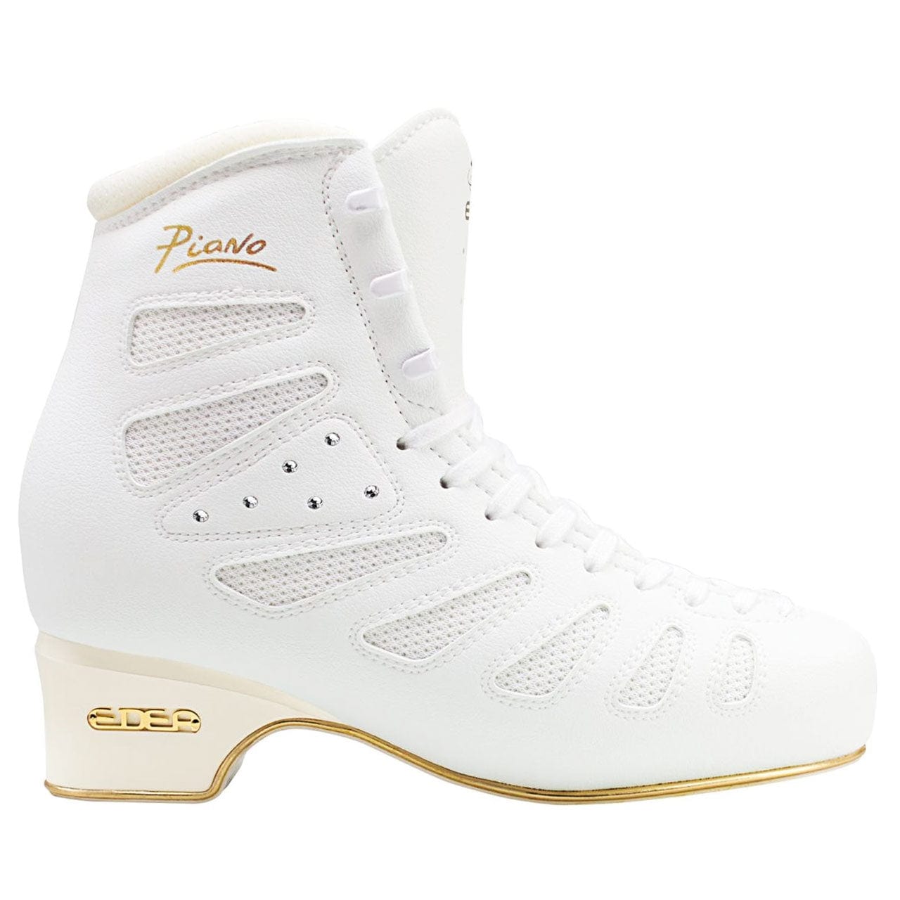 White Edea Piano Skate Boots By Edea Canada -side profile showing rolled collar, 8 mesh inserts, 6 clear crystals and white heel.