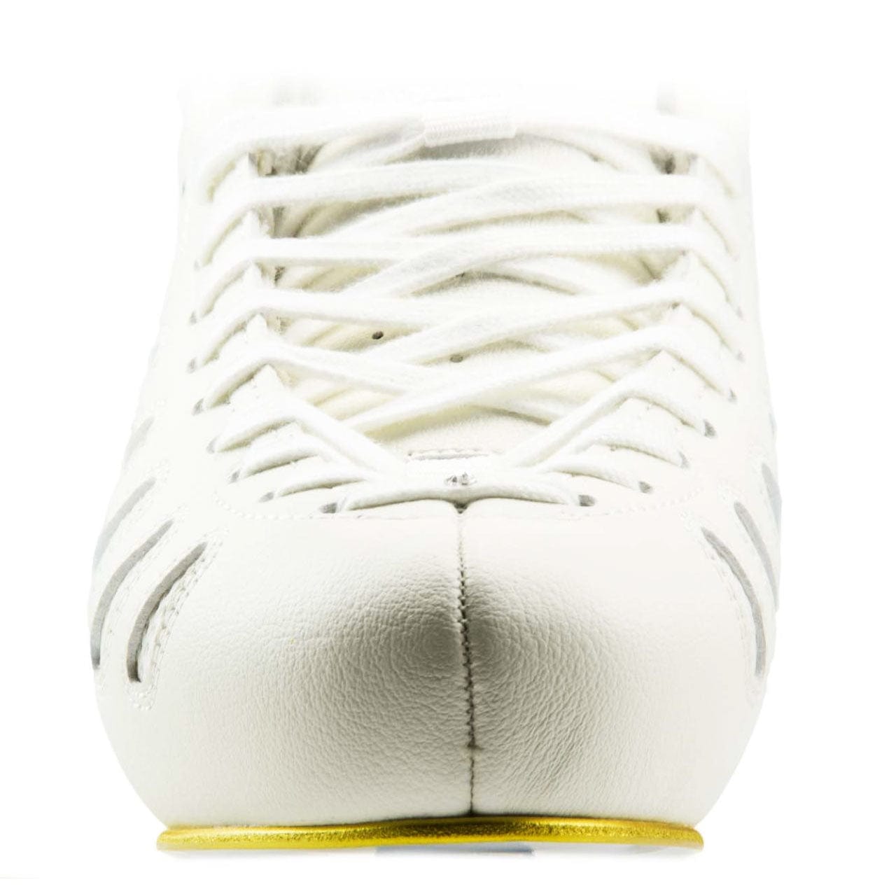 Front view of laced right Edea Piano Skate Boot showing rhinestone on top of lace and gold trimmed outsole.