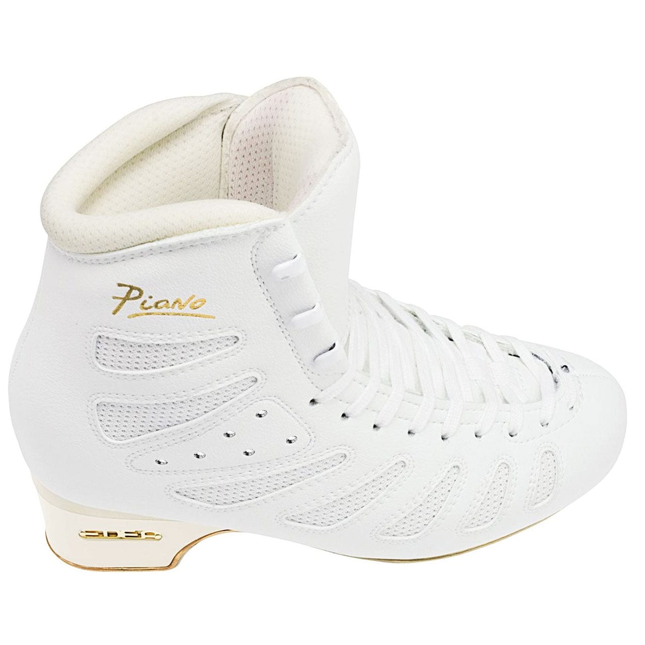 Top down view of Edea Piano Skate Boots By Edea Canada showing mesh insters and diamond crystal inlays. White heel with gold Edea logo embedded.