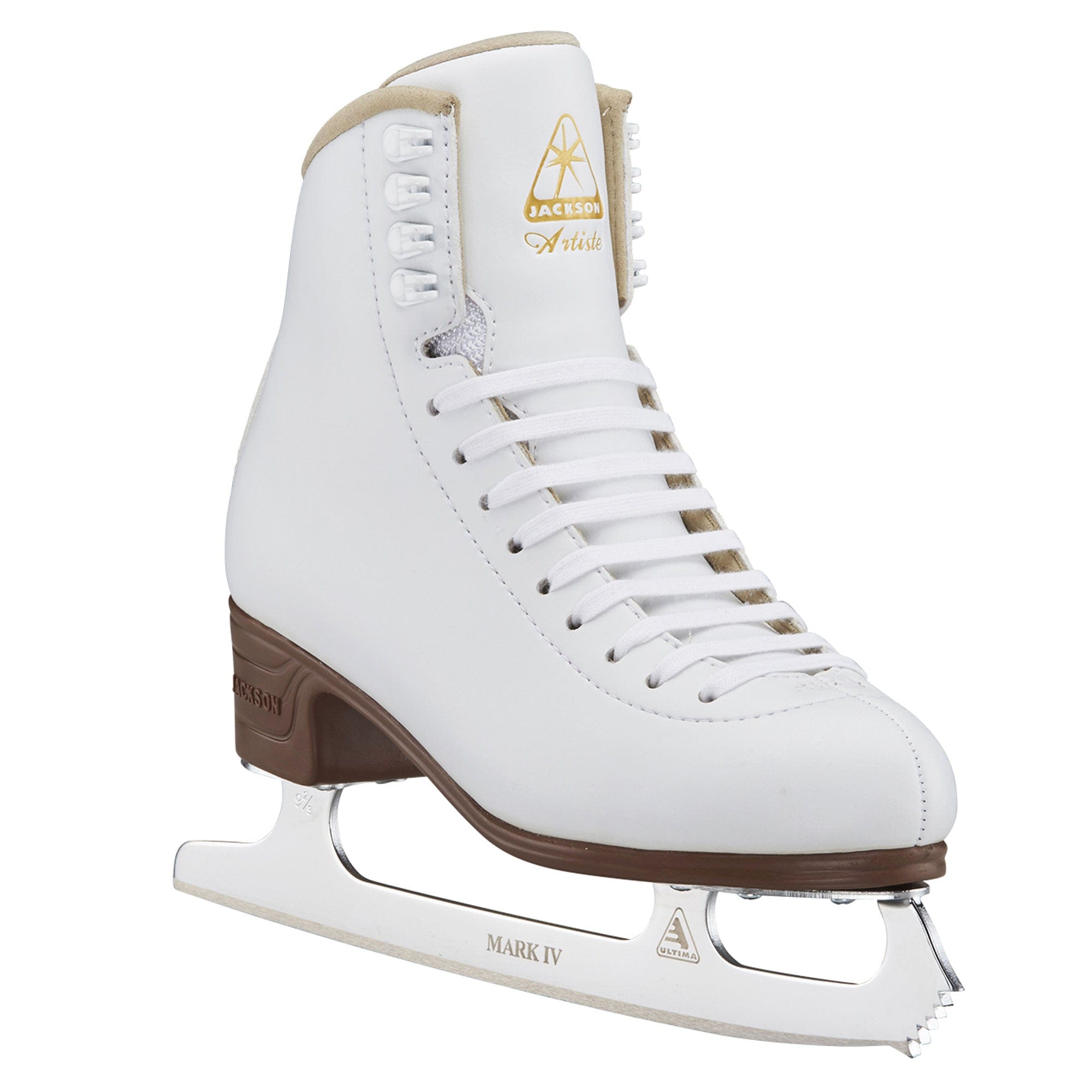 Profile of a white figure skate with the word sJackson Artiste written on the tongue of the skate. Skate is show with a Mark IV blade by Ultima.