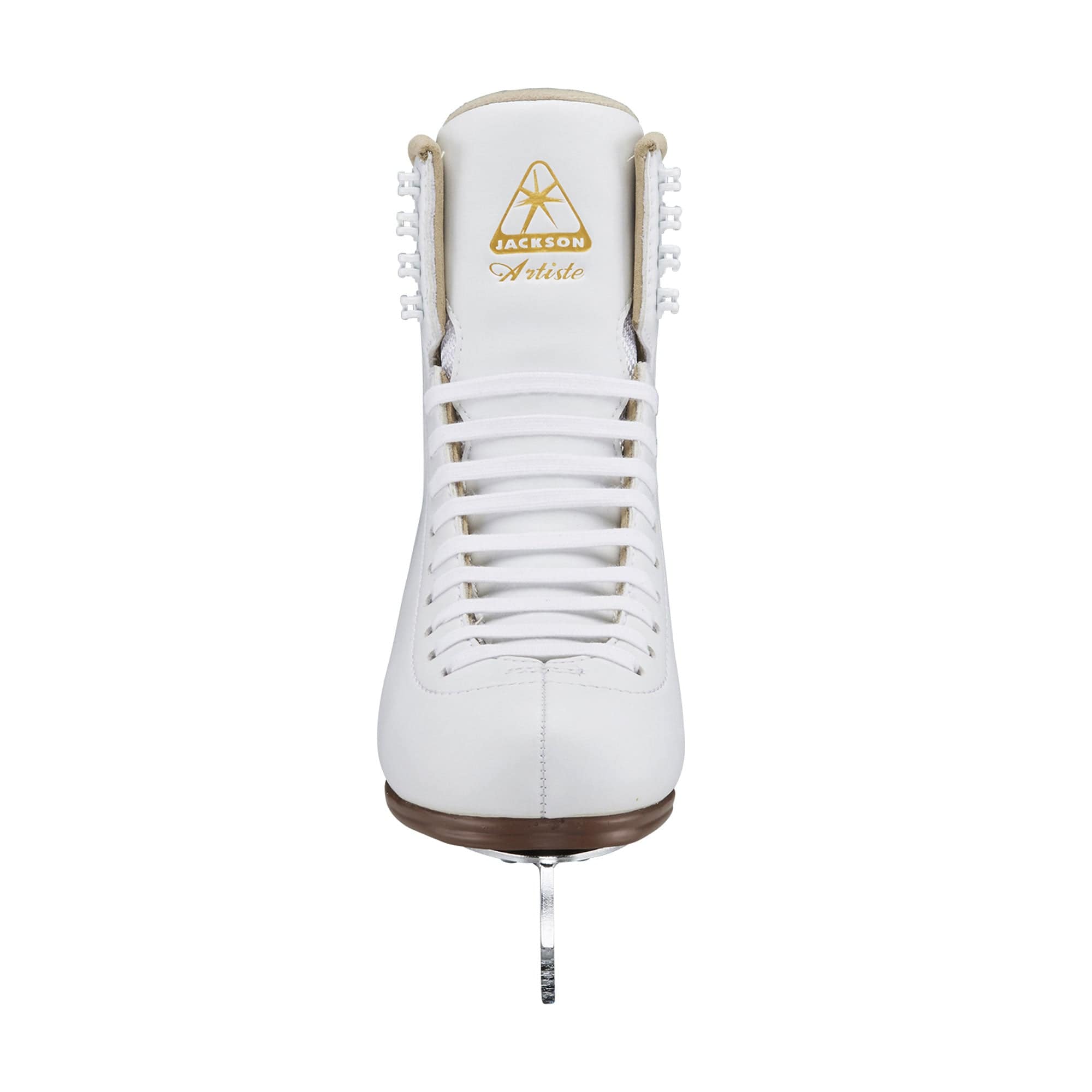 Front view of the right skate of a white figure skate with the words Jackson Artiste written in gold. Skate is laced.