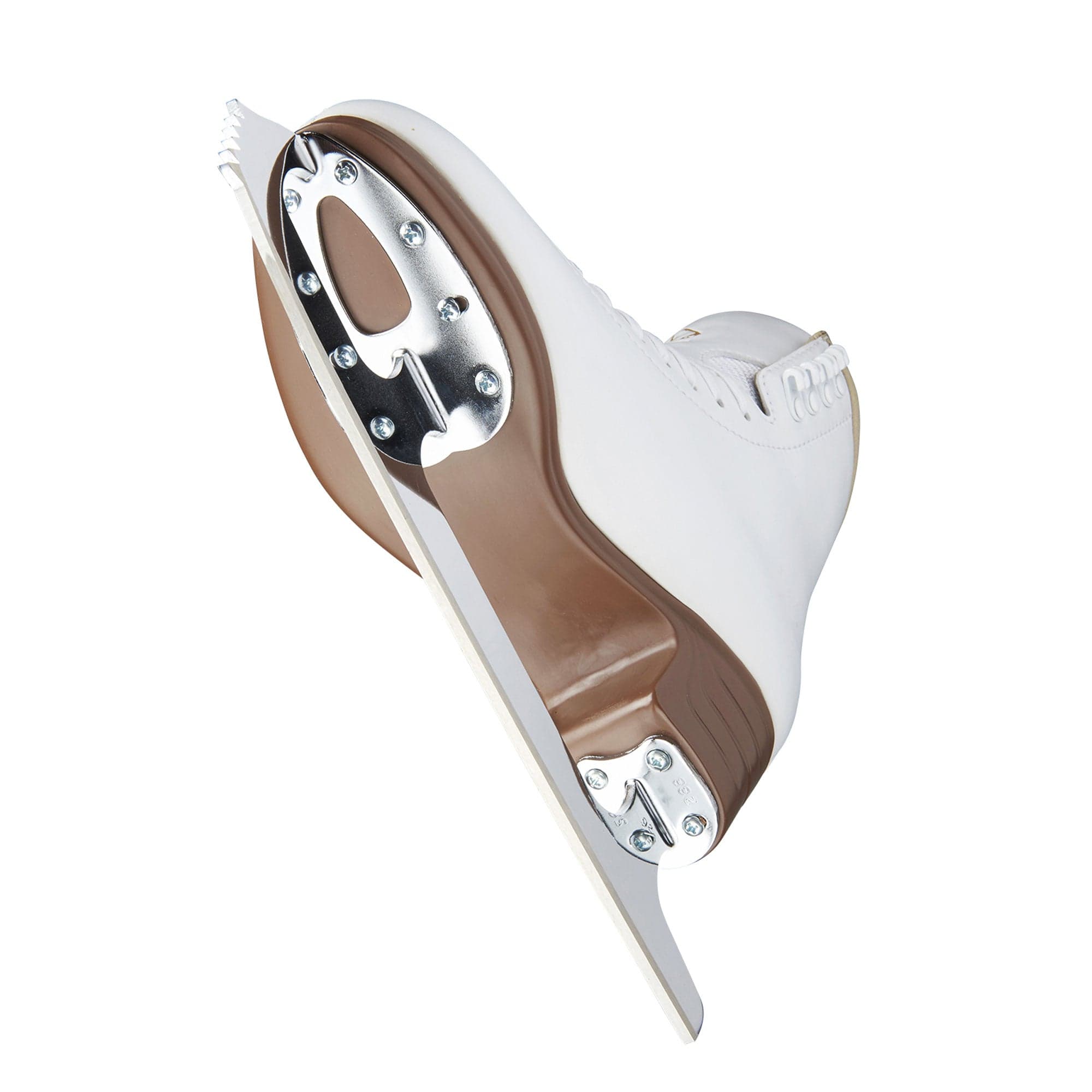 Bottom view of a white figure skate by Jackson model Artiste JS1791 Girls Figure Skates By Jackson Canada -