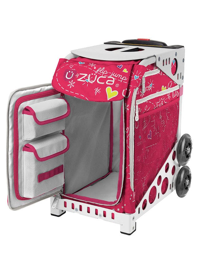 Fuchsia Pink Zuca bag insert paired with a white frame. Insert has the words Sk84 ever, arabesque, turn, background love skating and other doodles written in white.Front door is open and reveals a while interior with fuchsia pink trim. Frame sold separately.