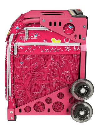Fuchsia Pink Zuca bag insert paired with a pink frame. The pinks are not a good match. Insert has the words Sk84 ever, arabesque, turn, background love skating and other doodles written in white.Frame sold separately.