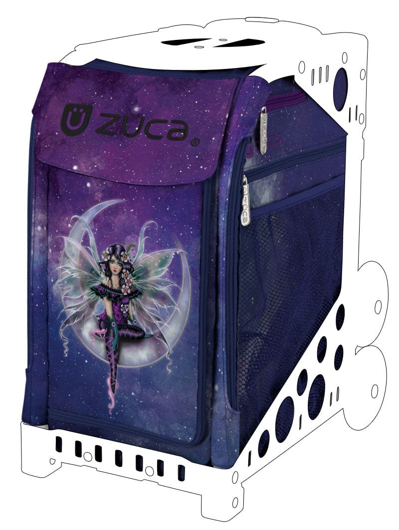 Zuca Sport Insert Bag named Fairy Dust has a deep purple and navy cosmic background with an emo fairy with long purply black hair with large flower blooms in her hair. She is seated on a crescent moon and is wearing pink ballet pointe shoes.