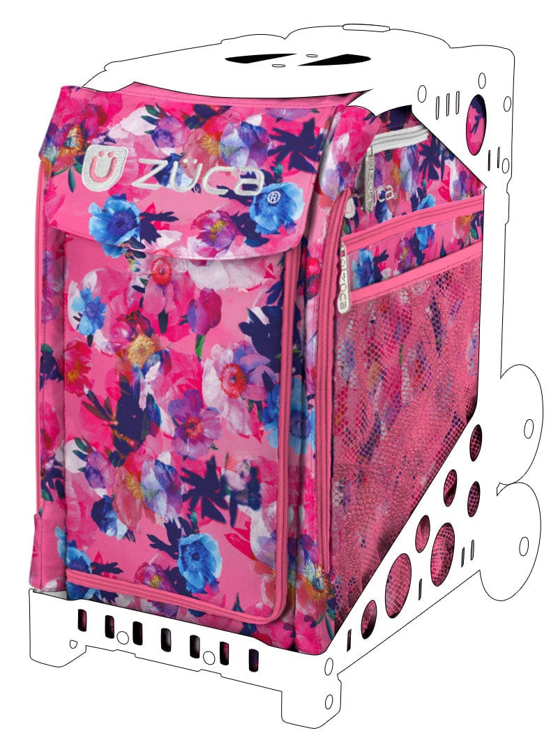 Gorgeous pink and blue romantic floral print on a pink background. Zuca embroidered in white on the top of the insert.