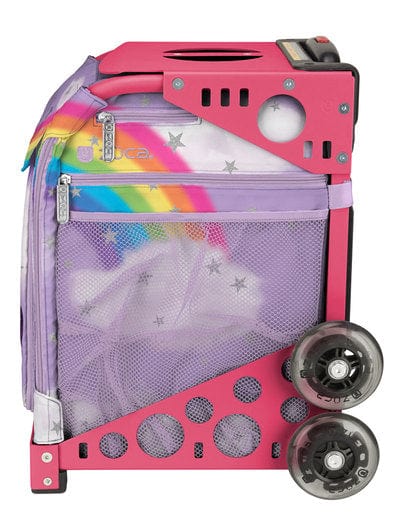 Profile of a pink rolling skating bag with rainbow. Pink frame sold separately.