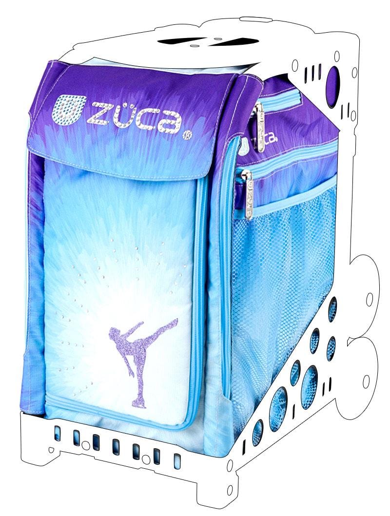 Zuca Sport Insert Bag with a purple and blue print. Flitter skater doing a spiral.