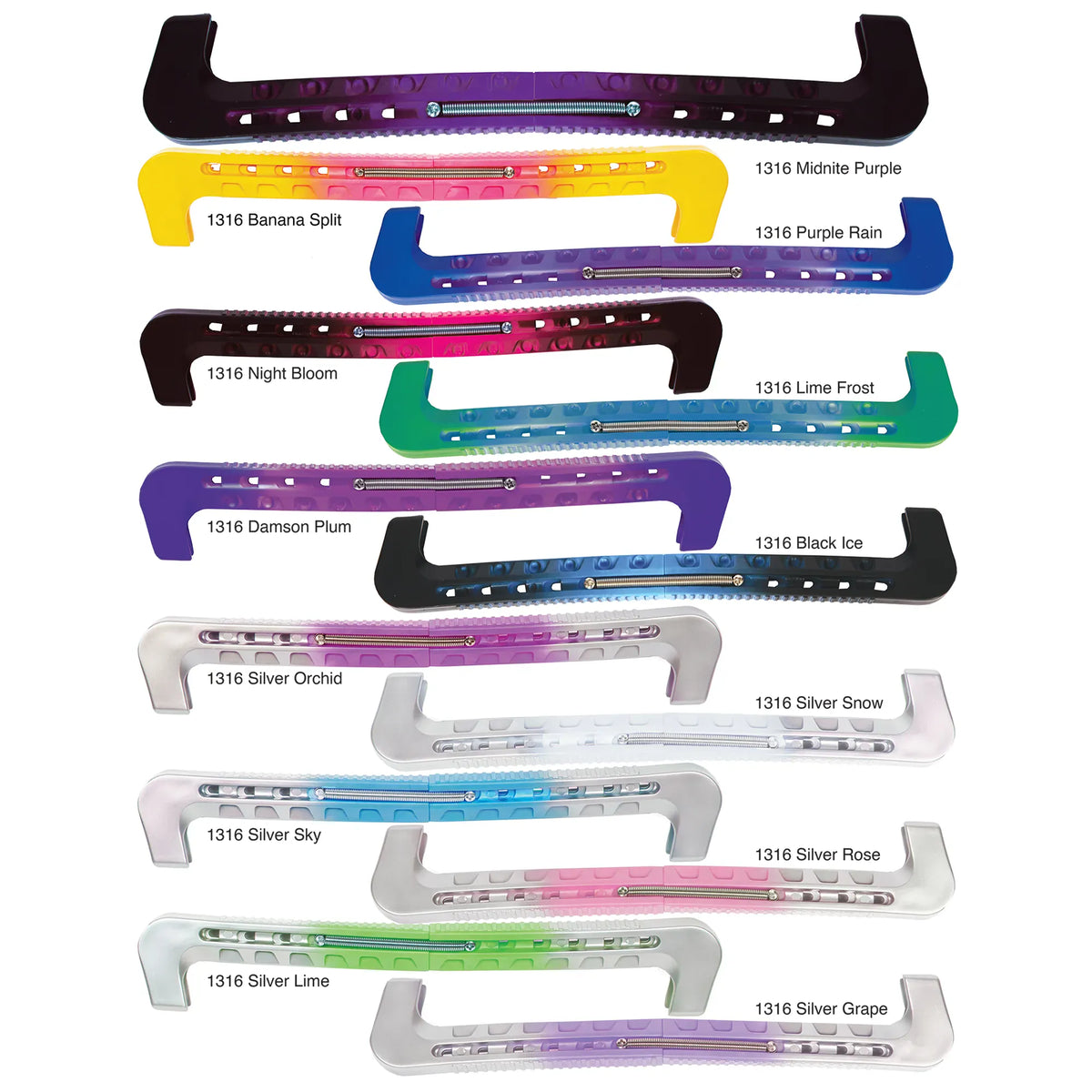 A sheet showing multiple figure skate guards in different colorways, each labeled with a shade name such as Banana Split, Purple Rain, Night Bloom, Lime Frost, Damson Plum, Black Ice, Silver Orchid, Silver Snow, Silver Sky, Silver Rose, Silver Lime, and Silver Grape, on a plain white background.