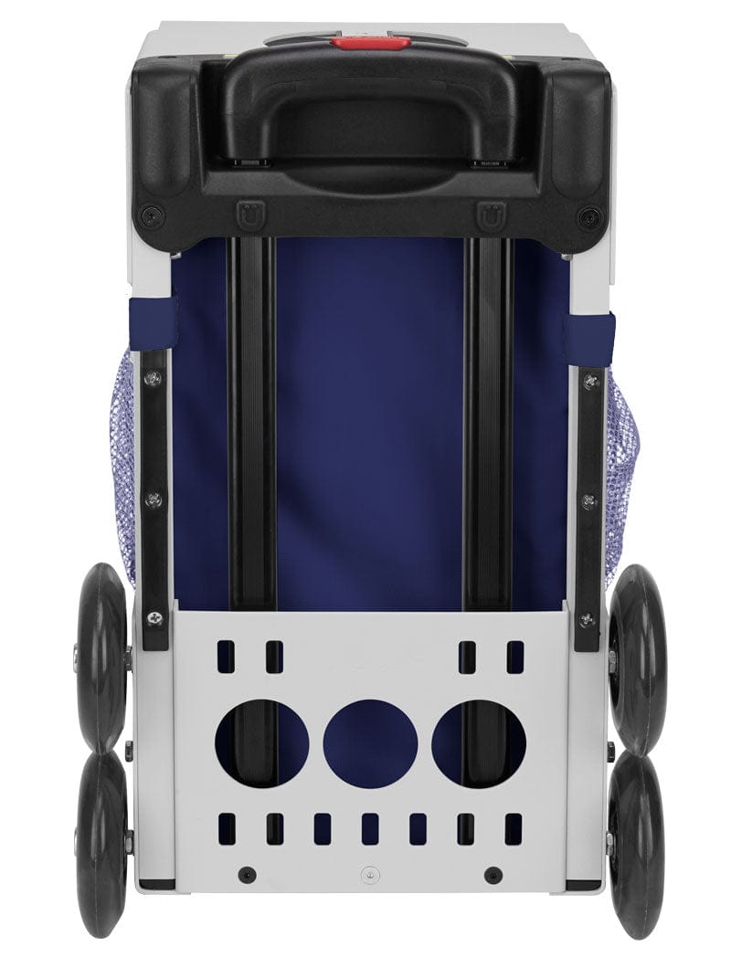 Rear view of the Zuca Sport skating bag Insert Bag for the Zuca frame with wheels is named Fairy Dust has a deep purple and navy cosmic background.  Showing telescopic handle and the magneto wheels. This insert is paired with a white frame which is sold separately.