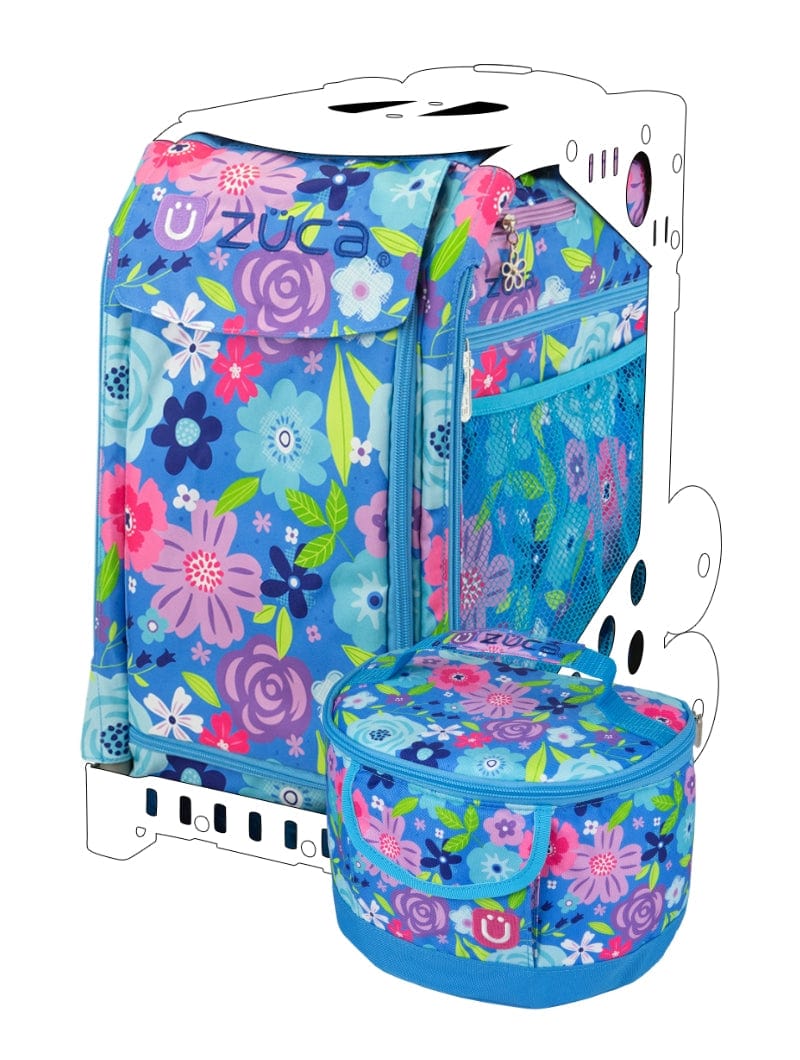 Zuca Floral Breeze insert with blue background and colourful flower blossoms.