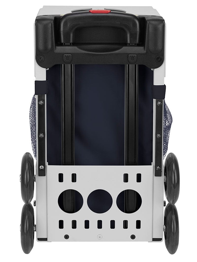 Back view of black skating bag insert that fits into a Zuca frame which is sold separately.  Black telescopic handles and magneto wheels are evident. This insert is paired with a white frame which is sold separately. 