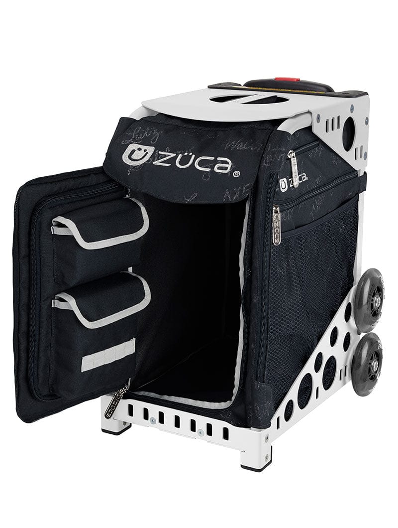 Black skating bag insert that fits into a Zuca frame which is sold separately. The words Lutz, Loop, Salchow and Axel are written in a glittery black script and are tone on tone with the black insert . These words are repeated throughout the front and side panels of the insert. The front zippered door flap is open and reveals a black interior with two pockets on the front flap. A name tag in the form of skate comes with the insert. This insert is paired with a white frame which is sold separately. 