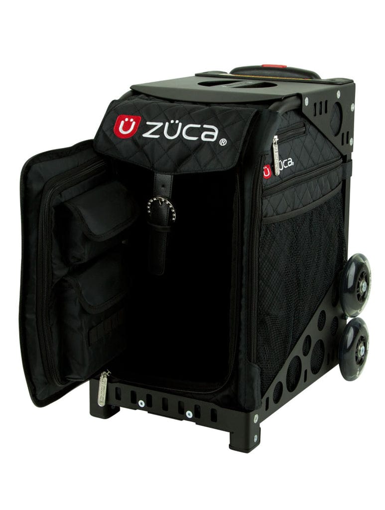 ZUCA Sport Insert | Mystic Black w clear Rhinestones Skating Bag  Insert Only with door open revealing a black interior.  (Frame Sold Separately) By ZUCA Canada -