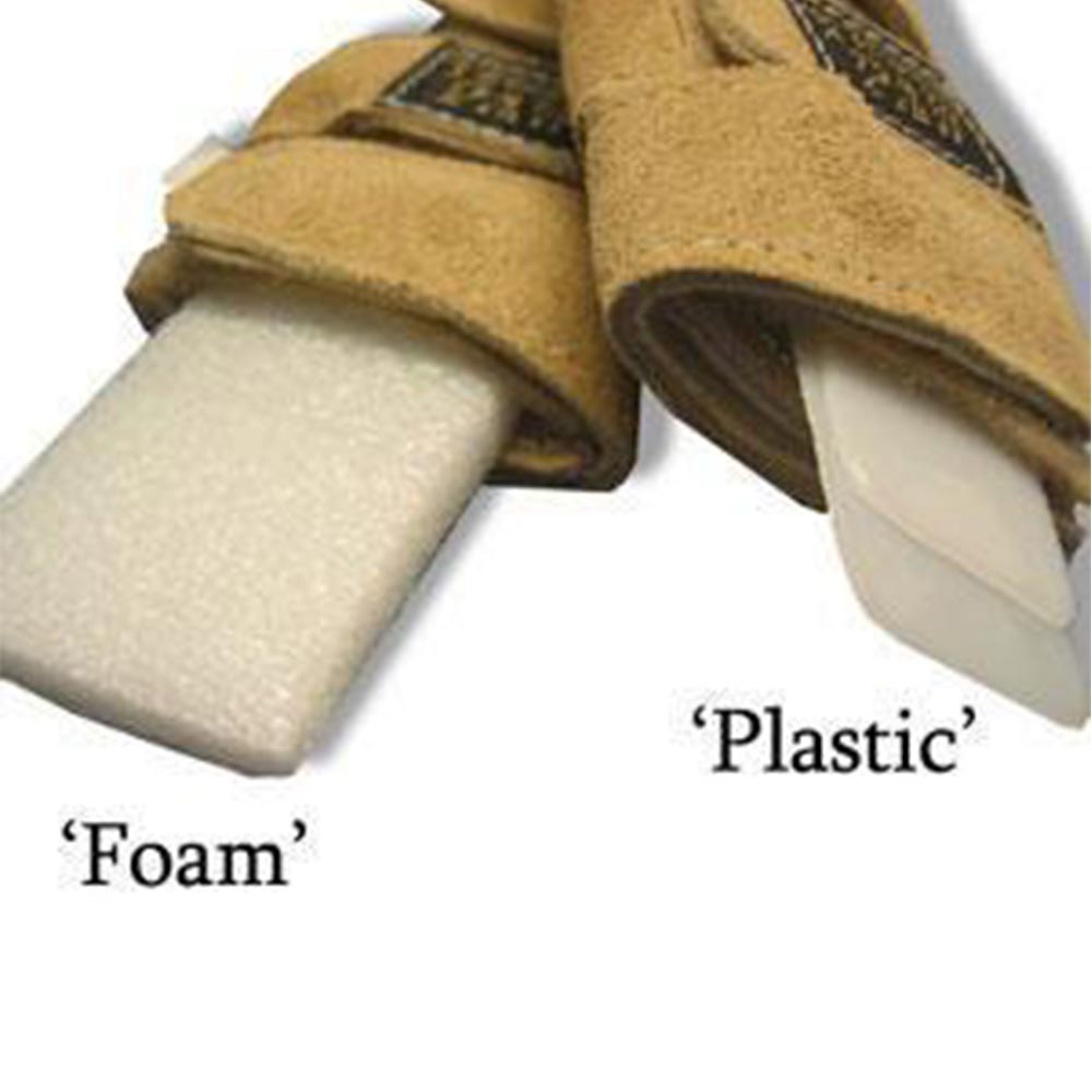 TigerPaw foam and plastic inserts are shown inside the Tiger Paw. Both are used for support inside the Tiger Paw gymnastic grips.