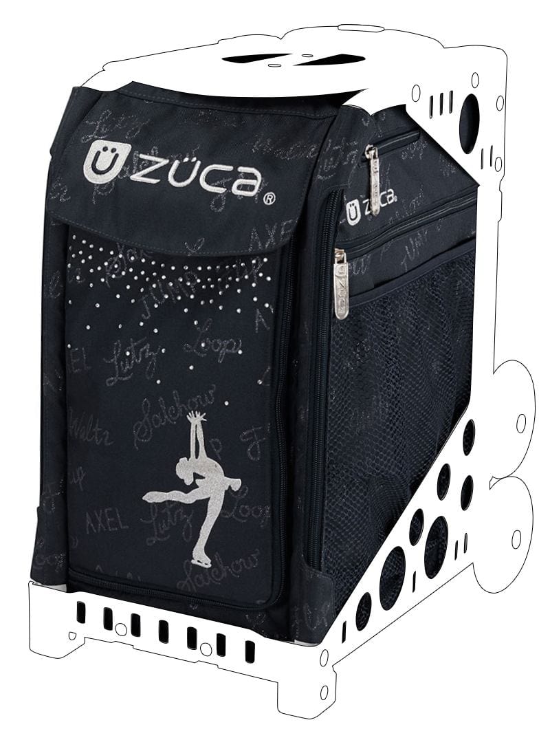 Black skating bag insert that fits into a Zuca frame which is sold separately. The front panel of the bag has a silver figure skater in a layback position. The words Lutz, Loop, Salchow and Axel are written in a glittery black script and are tone on tone with the black insert . These words are repeated throughout the front and side panels of the insert. 
Name tag comes with the insert. 