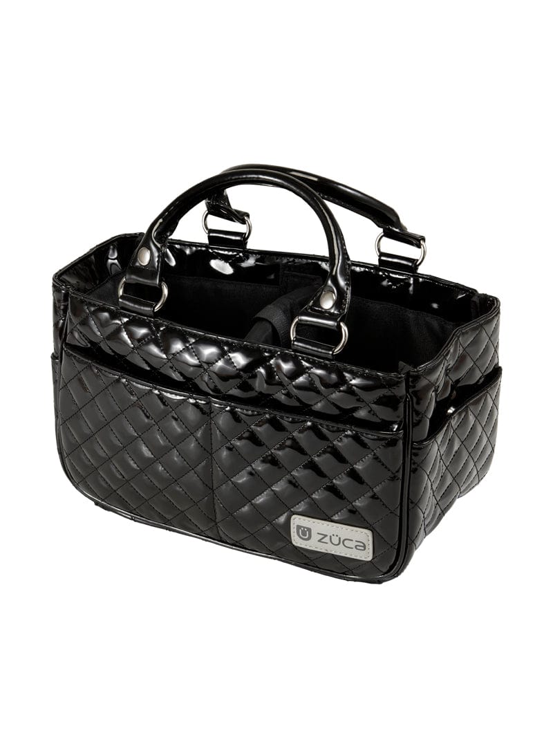 Zuca Tag-A-Long Tote black shinny quilted finish. Lots of pockets, front, sides. The top stays open and has 2 carry sturdy carry handles.